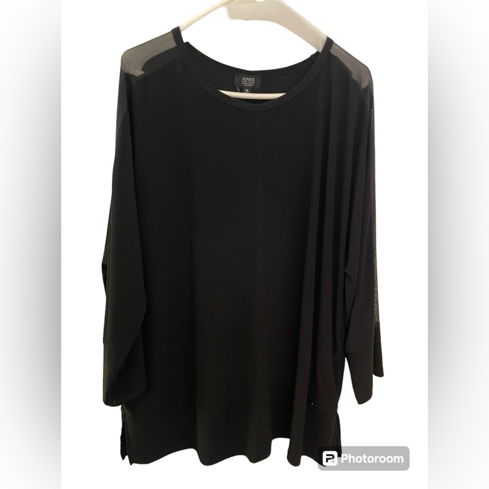 Jones NY black tunic, size XL with sheer panel sleeves.